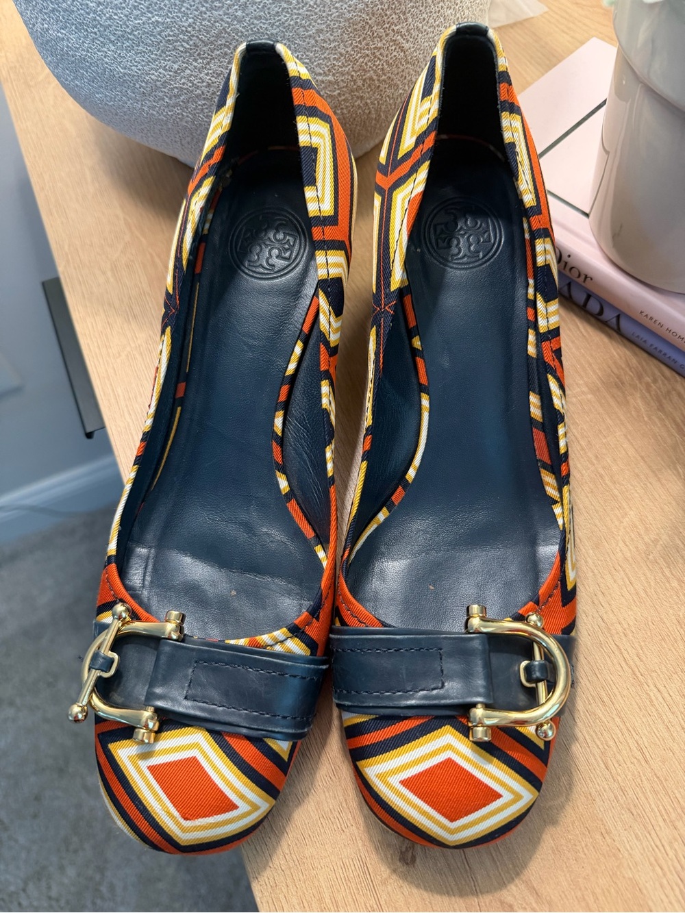 Tory Burch Geometric Print Ballet Flats in Navy, Orange and Yellow